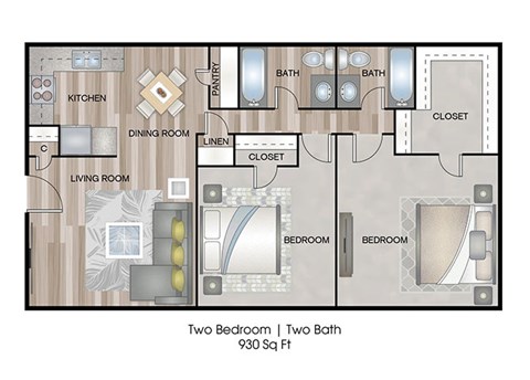Floor plan for 2 beds, 2 baths, 930 sqft